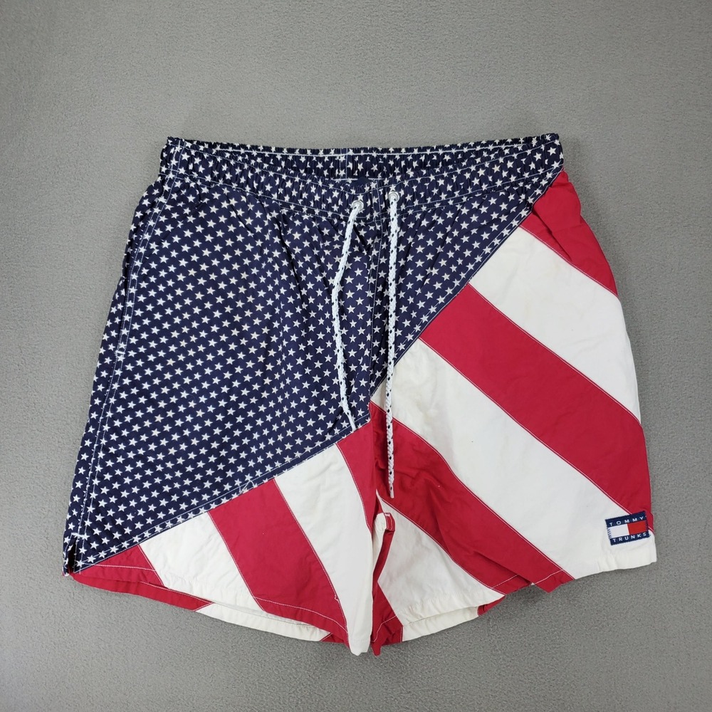 Tommy Hilfiger Swim Trunks Sz L Multi Color Stars Stripes Patriotic Flag Vintage